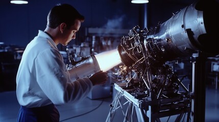 An aerospace scientist testing a prototype rocket engine in a propulsion laboratory, with test stands and aerospace engineering equipment, Rocket testing scene