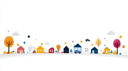 Fototapeta premium Charming and Colorful Illustration of a Whimsical Neighborhood with Houses, Trees, Cars, and Bright Decorative Elements Set Against a Clean White Background