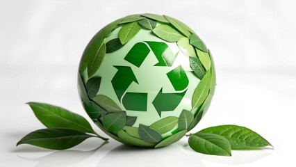 A stylized globe made of green leaves with a recycling symbol, in a modern, sleek vector design