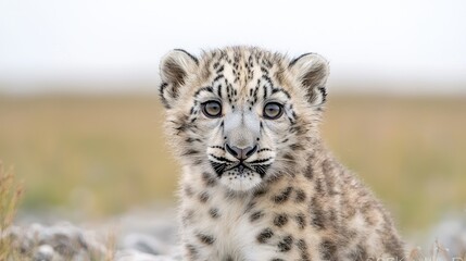 Naklejka premium Snow Leopard Cub in Natural Habitat, Wildlife Portrait