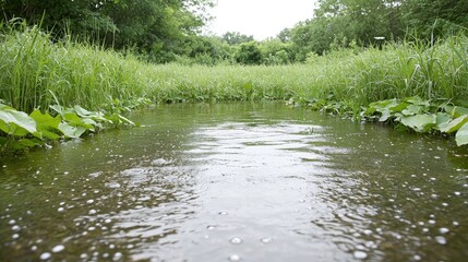 Fototapeta premium Calm stream flows through lush green meadow. Use Nature background