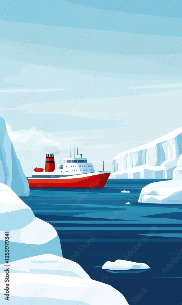 Aufkleber iceberg landscape with a red ship navigating through icy waters in a serene, cold environment. gener
