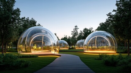 Obraz premium Modern Transparent Domes Surrounded by Lush Greenery in a Serene Park Setting at Dusk, Creating a Unique Fusion of Nature and Architecture