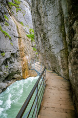 Walking trail above Aare river in Aare canyon in Switzerland