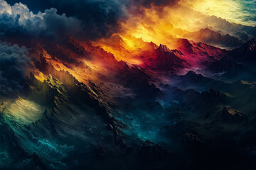 Naklejka premium A colorful mountain landscape with clouds and mountains in the background