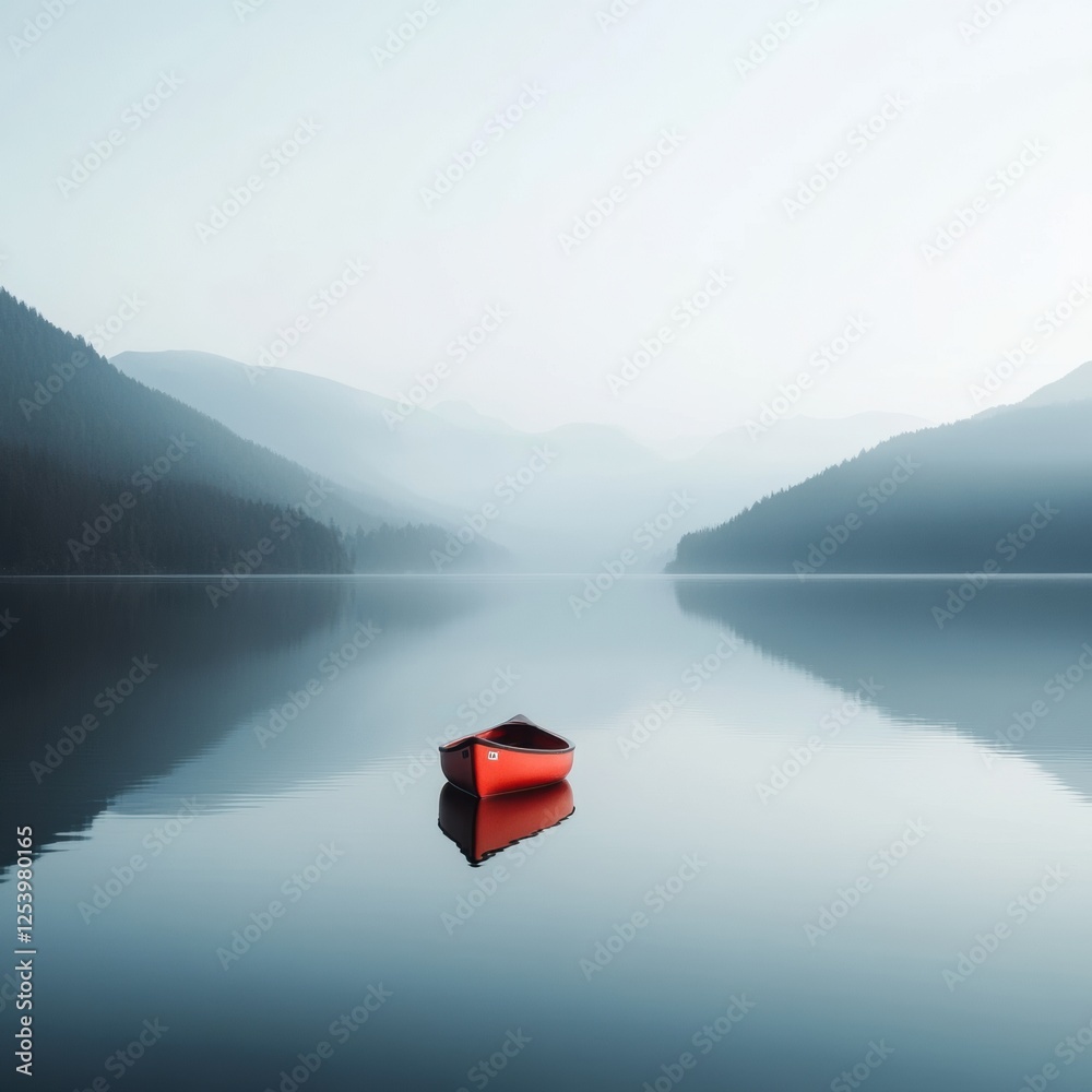 Poster lone kayak resting on a tranquil mountain lake surrounded by misty hills and serene waters at dawn. 