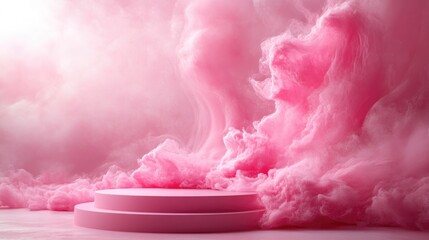 A dreamy pink scene featuring soft clouds and a circular platform.