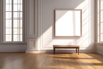 Sunlit gallery interior, empty frame, bench, hardwood floor, mockup
