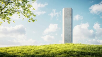 A solitary monolith stands tall on a vibrant green hill under a bright blue sky with fluffy clouds, representing the intersection of nature and modern architecture in a tranquil landscape.