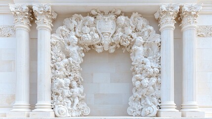 Naklejka premium Ornate white stone archway, cherubs, columns, building facade