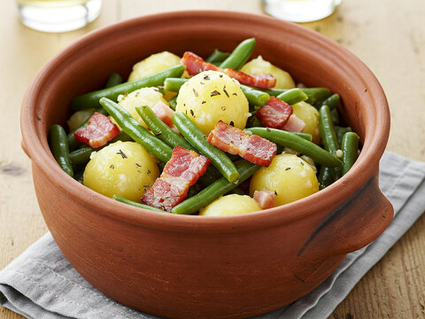 Bouneschlupp is a hearty and comforting dish from Luxembourg, typically made with green beans, potatoes, and bacon. It is often slow-cooked in a clay pot to enhance its flavors.