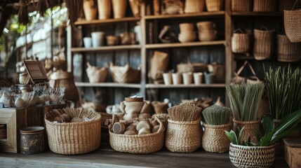 Rustic shop with woven baskets and natural decor