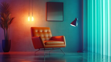 Modern interior with bold lighting and orange chair