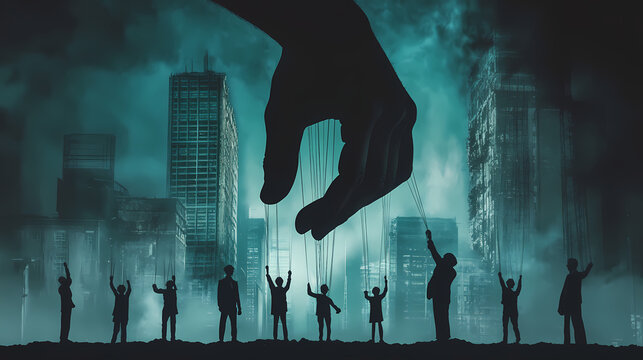 Giant shadowy hand controlling miniature human figures with strings in dark dystopian cityscape. concept of manipulation, societal control and shadow government. Puppet Dystopia. Illustration