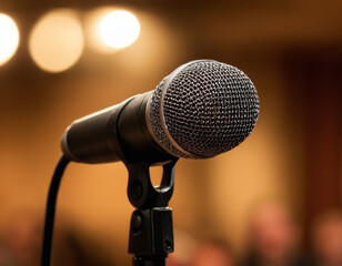 Professional microphone set up on stage with soft background lighting. Generated AI.