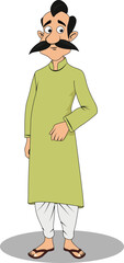 Indian village male front three quarter pose cartoon character design who have big mustache