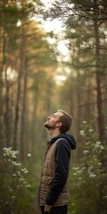 A man is standing in a forest, looking up at the sky. He is wearing a brown jacket and a black hoodie