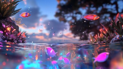 Neon Abyss, a vibrant underwater world filled with luminous sea creatures gliding through a surreal ocean of glowing waves