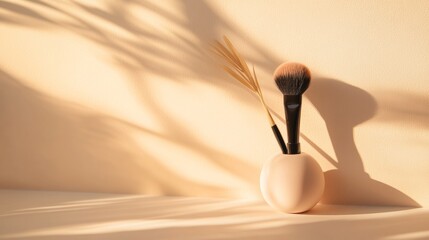 Minimalist makeup brushes casting shadows on beige backdrop