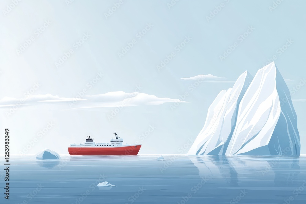 Aufkleber ship navigating through icy waters near towering icebergs under a clear sky at dawn. generative ai