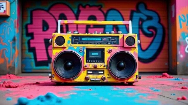 Retro ghetto blaster boombox, tape recorder from the 80s era in a grungy graffiti-covered arwa