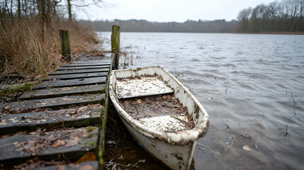 Obraz premium Old rowboat at lake dock, autumn; serene nature scene