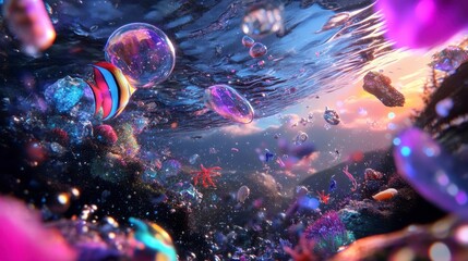 Neon Abyss, an otherworldly ocean teeming with vibrant, glowing sea creatures in a mesmerizing aquatic landscape.