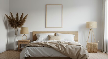 A serene bedroom scene showcasing a large neatly made bed with white and beige bedding and a blank wooden frame hangs on a white wall