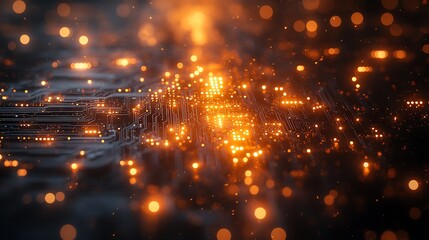 Shining pathways of a golden circuit board with modern digital elements