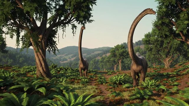 Massive diplodocus grazing peacefully among dense vegetation, moving slowly through prehistoric valley with verdant landscape and lush ferns under soft sunlight
