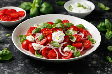 Ricotta cheese salad with cherry tomatoes, onion and basil. Healthy food