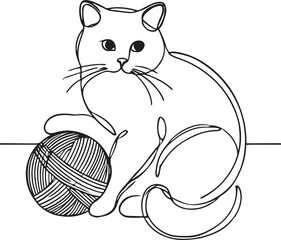 Cute Cat with Yarn Ball Simple Line Drawing