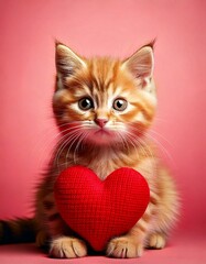 kitten with red heart on pink background