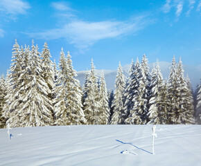 Winter hazy calm mountain landscape and Bukovel ski resort, Ukraine.