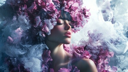 Fototapeta premium Surreal portrait of a woman surrounded by pink flowers and mist