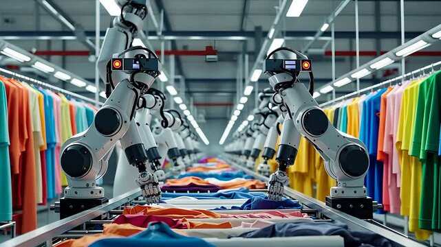 Automated Robotic Arms Sorting and Handling Colorful Clothes on a High-Tech Conveyor in a Modern Textile Factory

