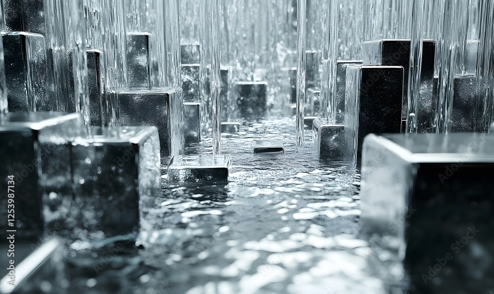 Poster abstract metallic cubes and water streams creating a unique perspective view