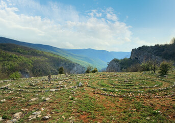 Concentric stone circles on spring plateau over Great Crimean Canyon (Crimea, Ukraine).