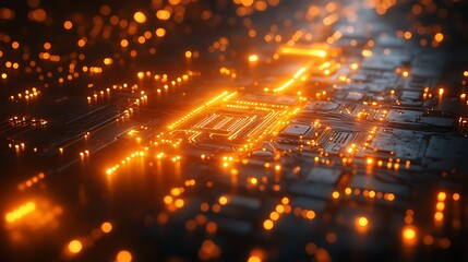 Macro electronic circuit in golden glow with futuristic connections