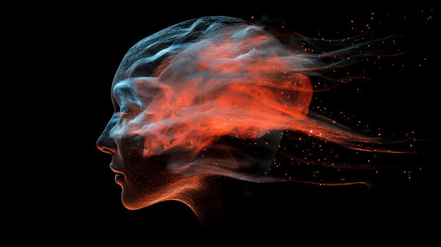 Long exposure brain head, abstract neural network, mind power, cognitive science, neurological imagery. Neural Network Consciousness. Illustration