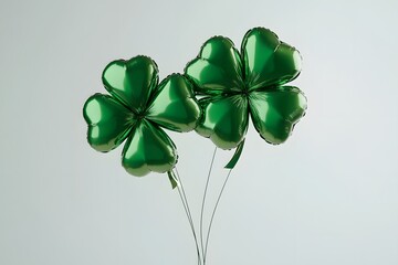 Three shiny green balloons shaped like four-leaf clovers float together against a light background. They are festive decorations for a celebration honoring Irish culture and good luck.