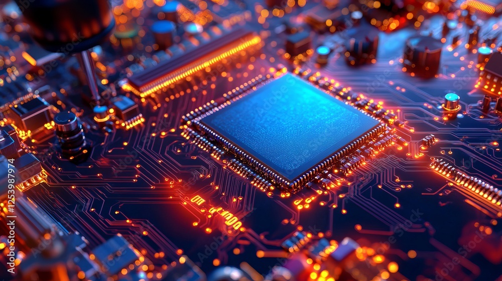 Poster high tech circuit board digital technology microchip processor close up detailed modern electronic h