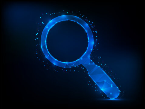 Futuristic Blue Magnifying Glass Icon in Polygonal Style Representing Search, Research, and Discovery