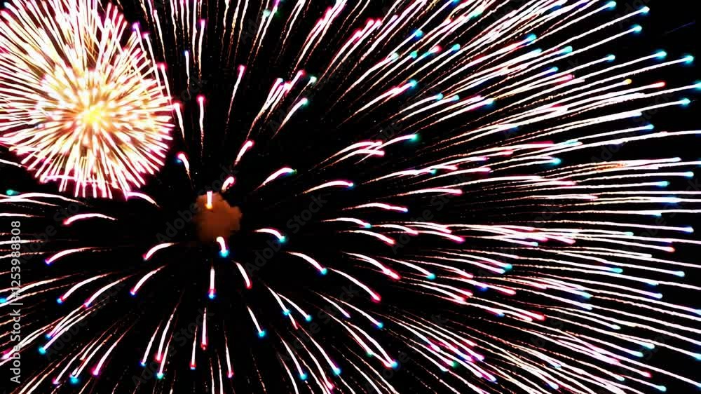 Poster Glimmering fireworks bursting in slow motion against deep black backdrop, revealing intricate colorful patterns and golden sparks illuminating dark night sky with mesmerizing visual intensity