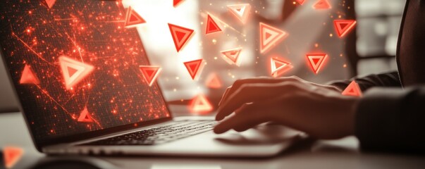 Hands typing on a laptop with red warning symbols overlayed
