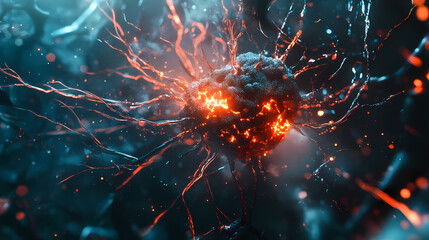 Obraz premium Neural network 3d illustration of a neuron firing, neuron, neuroscience, brain. Neural Network Consciousness. Illustration