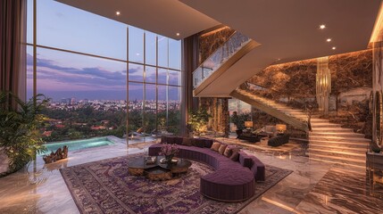 Obraz premium Luxury penthouse living room sunset city view