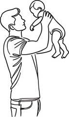 Simple Line Art. Father Lifting Baby in Loving Gesture