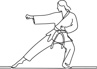Line Art of Female Karateka. Karate Practice in Vector Illustration