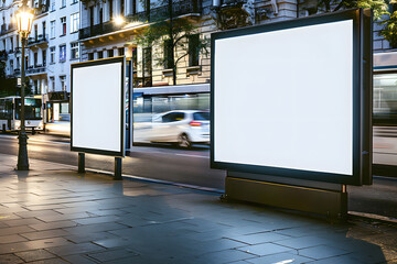 Blank illuminated billboard on a busy city street with pedestrians and vehicles in the background. Ideal for advertising, marketing, or urban lifestyle concepts